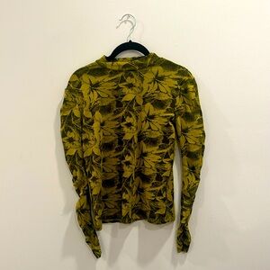 Mock neck ruched floral graphic long sleeve high neck blouse shirt mustard